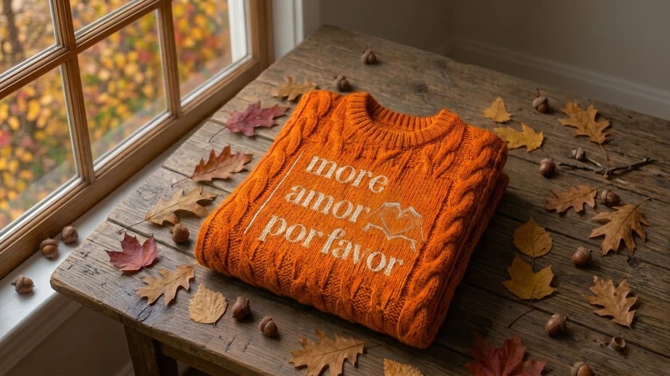 Złożony pomarańczowy sweter z warkoczowym splotem i napisem „more amor por favor” leży na rustykalnym drewnianym stole, wśród jesiennych liści i żołędzi, obok okna z kolorowymi drzewami