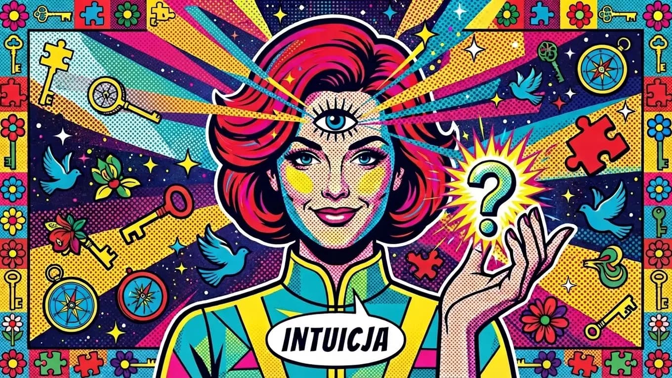 Kolorowa ilustracja pop-art: rudowłosa kobieta z trzecim okiem na czole i dymkiem z napisem INTUICJA, wokół niej klucze, puzzle i kompasy