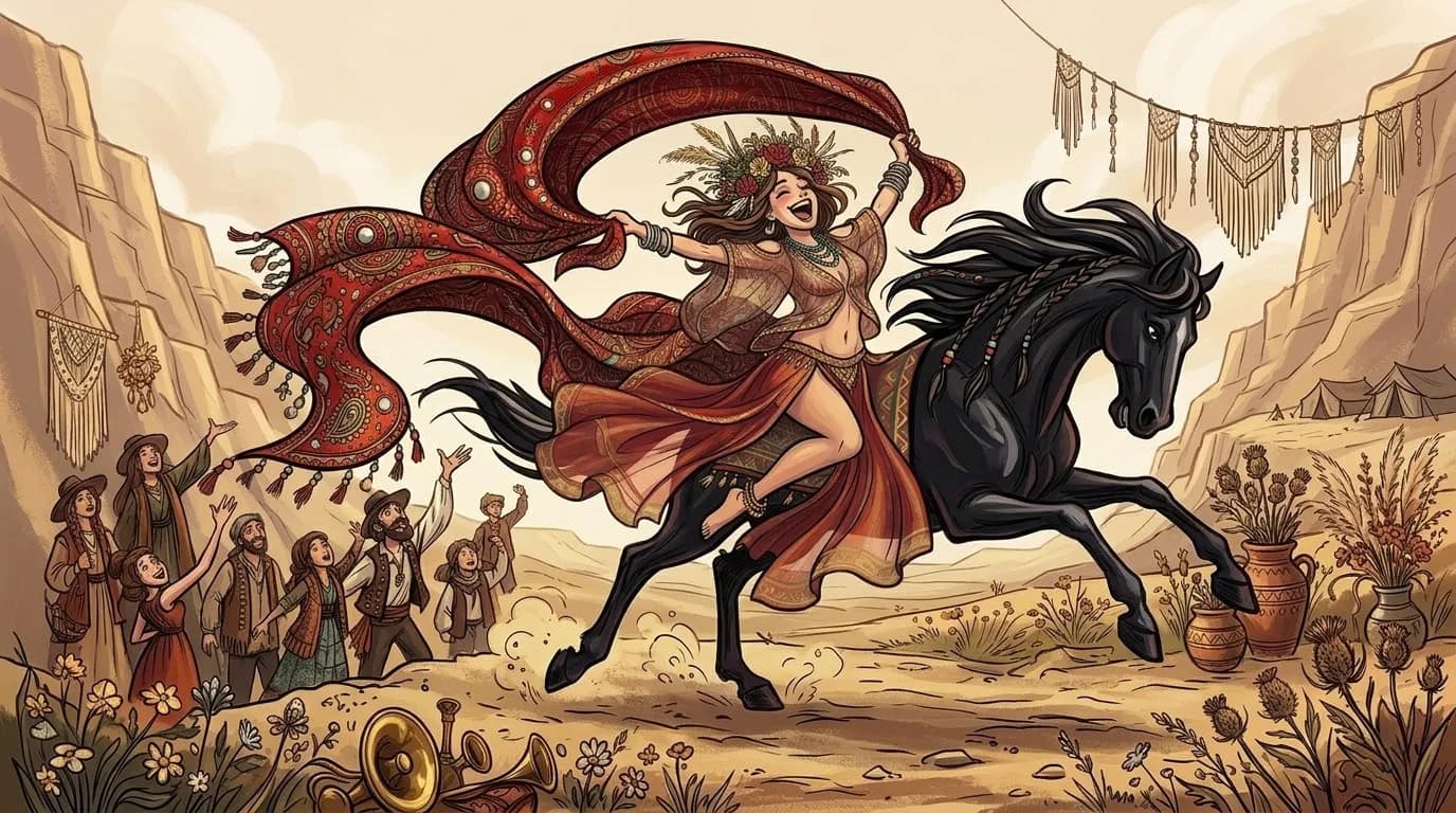 Radosna kobieta na koniu otoczona wiwatującym tłumem — ilustracja symbolizująca tradycję swatania