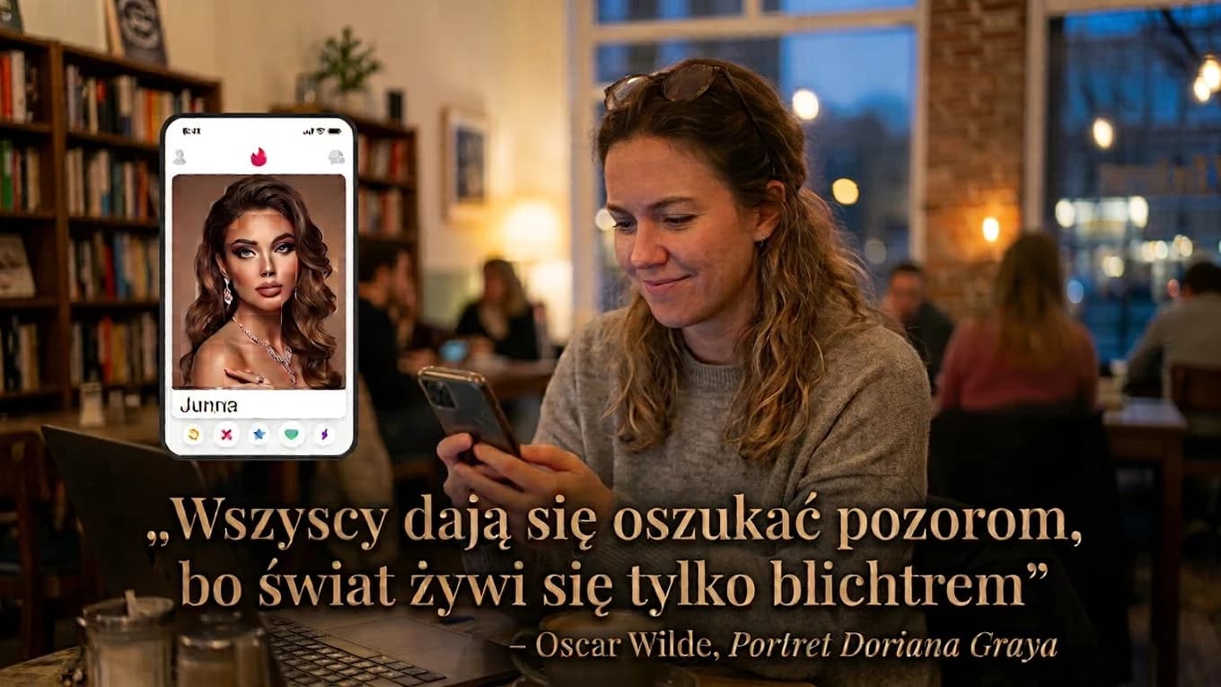 Kobieta w kawiarni przegląda profil w aplikacji randkowej na telefonie, w tle otwarty laptop